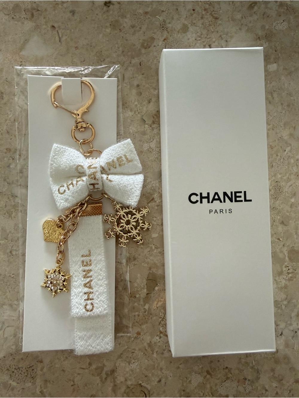 CHANEL White & Gold Bow and Charm Key Holder or bag charm, NWT